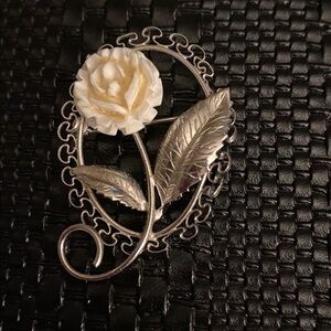 925 Sterling Silver Vintage BEAU Real Shell Rose Brooch